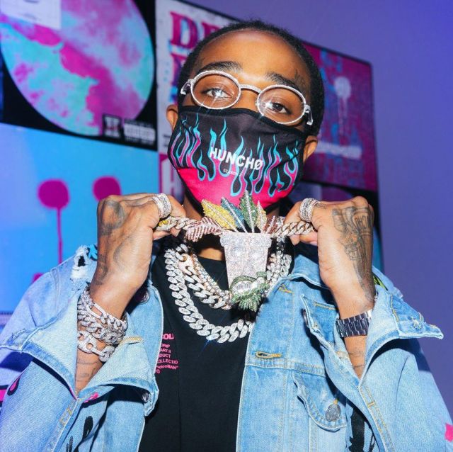 Flame Print Mouth Mask worn by Quavo on his Instagram account @quavohuncho