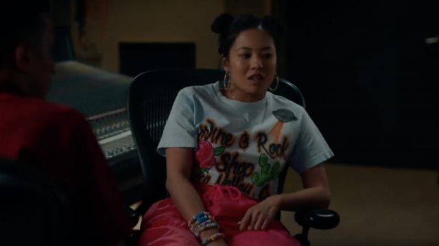 Wine & Rock Shop Printed T-shirt worn by Emma (Christine Ko) as seen in Dave (S01E07)