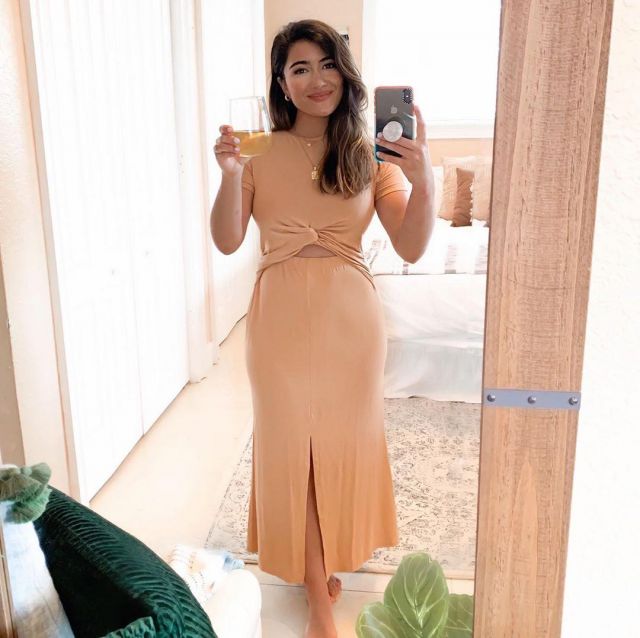 Petite Twist Front Maxi Dress in Camel of Kristaperez on the Instagram account @kristaperez