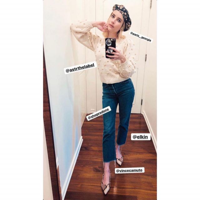 ASTR the Label Aidy Pompom Dot Sweater worn by Emma Roberts Instagram April 16, 2020