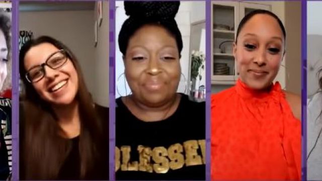 L'academie The Anais Blouse en Cher­ry Toma­to worn by Tamera Mowry on The Real April 18, 2020