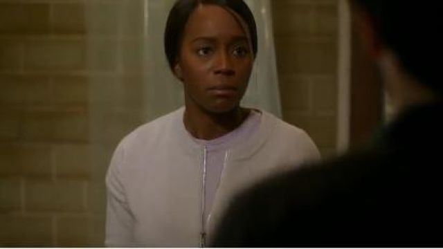 White Zip Cardi­gan worn by Michaela Pratt (Aja Naomi King) in How to Get Away with Murder Season 6 Episode 12