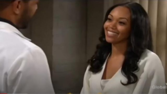 Alice + olivia Wheaton Shawl Collar Wrap Blazer worn by Amanda Sinclair (Mishael Morgan) as seen on The Young and the Restless April 20, 2020