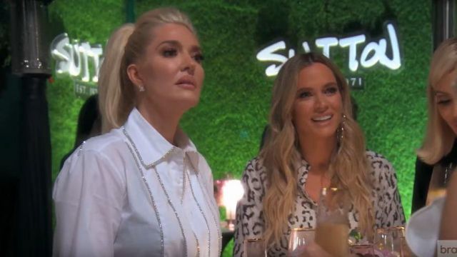 White Embellished Shirt worn by Erika Jayne in The Real Housewives of Beverly Hills Season 10 Episode 2