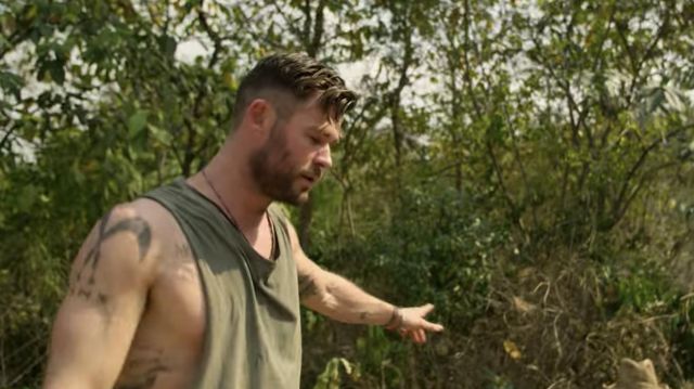 Olive green tank top worn by Tyler Rake (Chris Hemsworth) as seen in Extraction