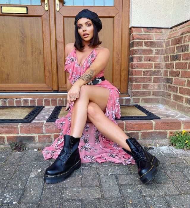 Prettylittlething.com Pink Print­ed Ruf­fle Maxi Dress with Side Split of Jesy Nelson on the Instagram account @jesynelson April 25, 2020