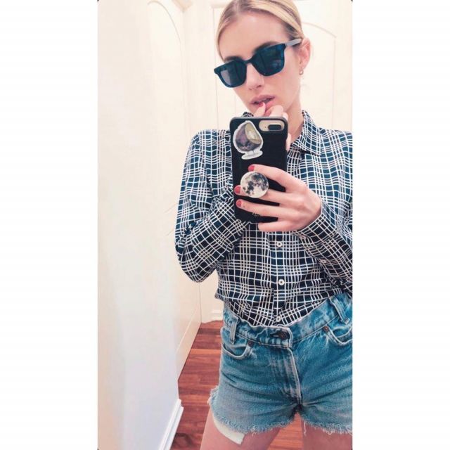 Warby Parker Eastman Sunglasses in Belize Blue worn by Emma Roberts Instagram Stories April 27, 2020