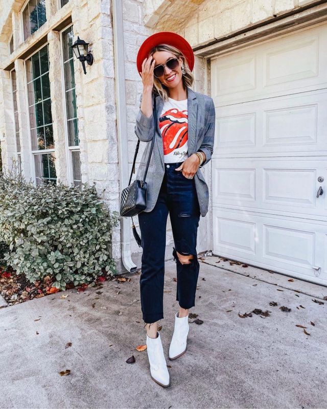 Express Plaid Sleeve Boyfriend Blaz­er of Lee Anne Benjamin on the Instagram account @leeannebenjamin