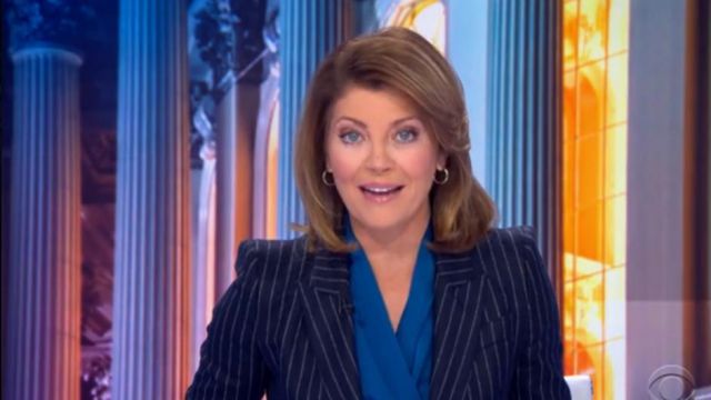 Alexander mcqueen Pin­stripe One But­ton Jack­et in Navy & Ivory worn by Norah O'Donnell on CBS This Morning April 28, 2020