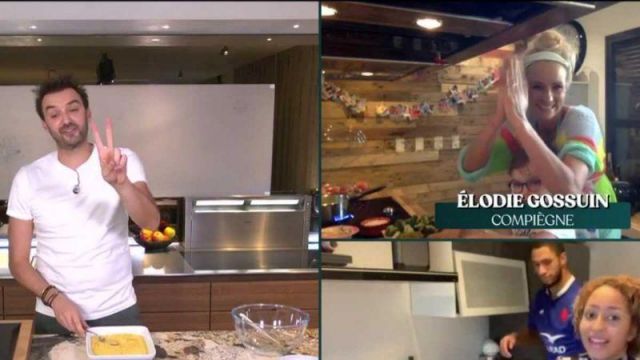 The striped sweater of Élodie Gossuin in All cooking in the kitchen with Cyril Lignac