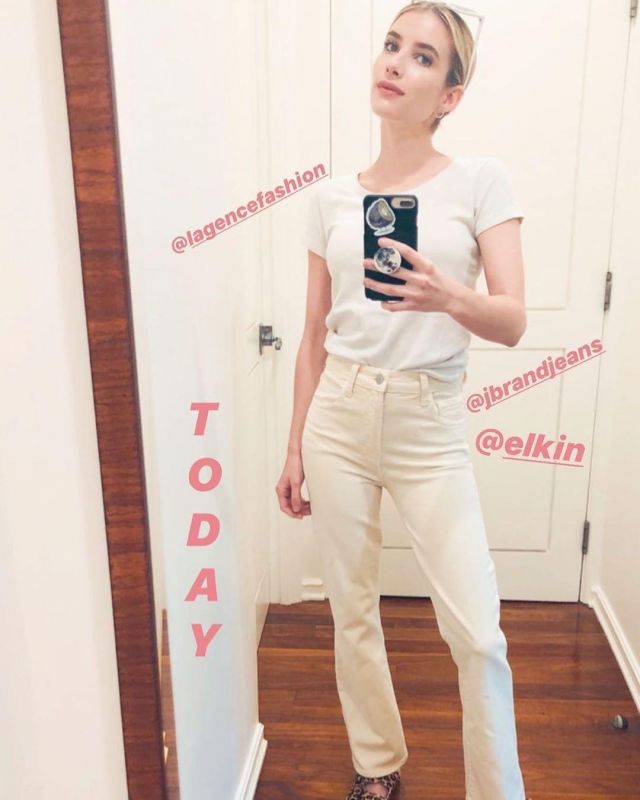 J Brand Julia High Rise Ankle Flare Jeans in Amaya worn by Emma Roberts Instagram Story May 2, 2020