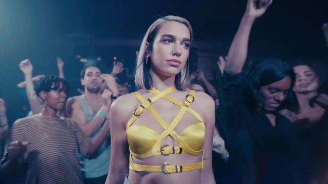 Versace Strappy Top in yellow worn by Dua Lipa in her Don't Start Now (Official Music Video)