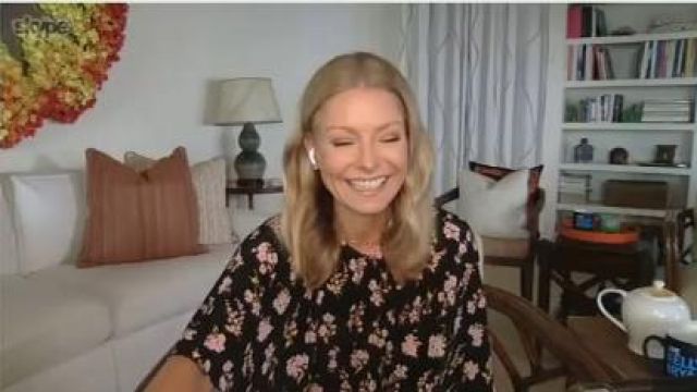 Les rêveries Flo­ral Print Plunge Back Silk Dress worn by Kelly Ripa on LIVE with Kelly and Ryan May 2, 2020