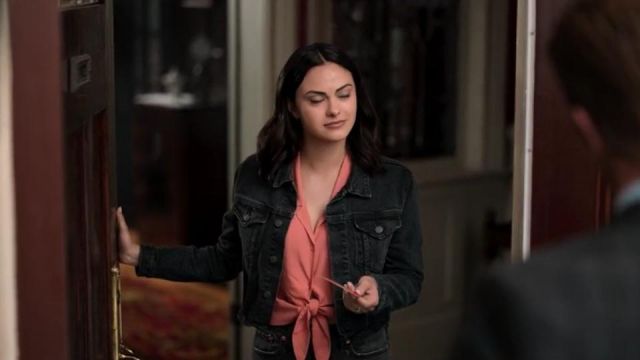 The top orange collar plunging Katie (Camila Mendes) in Lies and betrayals