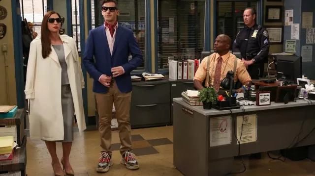 Balenciaga Grey and red chunky sneakers worn by Jake Peralta (Andy Samberg) in Brooklyn Nine-Nine (S06E04)
