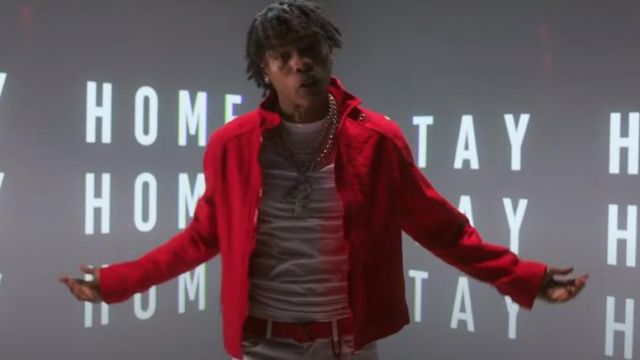 The jean jacket red Louis Vuitton worn by Lil Baby in her video clip  Emotionally Scarred