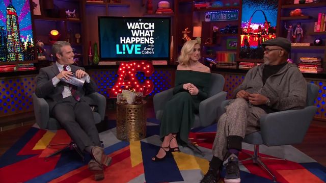 Black suedette strappy heeled shoes worn by Allison Williams in Allison Williams And Samuel L. Jackson On Acting Boners | WWHL