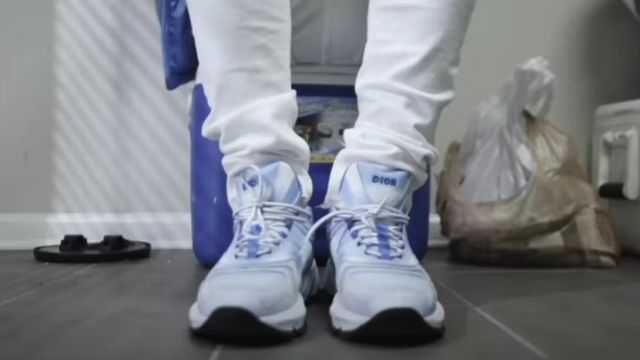 Dior B22 White Blue sneakers worn by Moneybagg Yo in Me Vs Me (Official  Music Video)