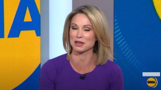 Slate & Willow Pur­ple Crew Neck Sheath worn by Amy Robach as seen on Good Morning America May 18, 2020