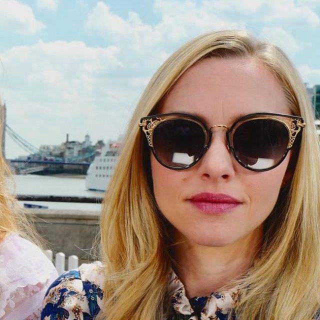 Black and gold sunglasses worn by Amanda Seyfried at presstour Mamma Mia Here we go again