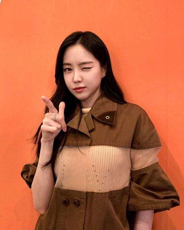 The brown coat with transparent tape worn by Its Na-eun on the account Instagram of @apink_paraguay