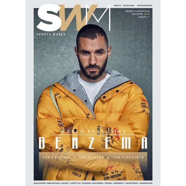 La doudoune jaune Off-White portée par Karim Benzema en couverture du magazine SWM Autumn 2019