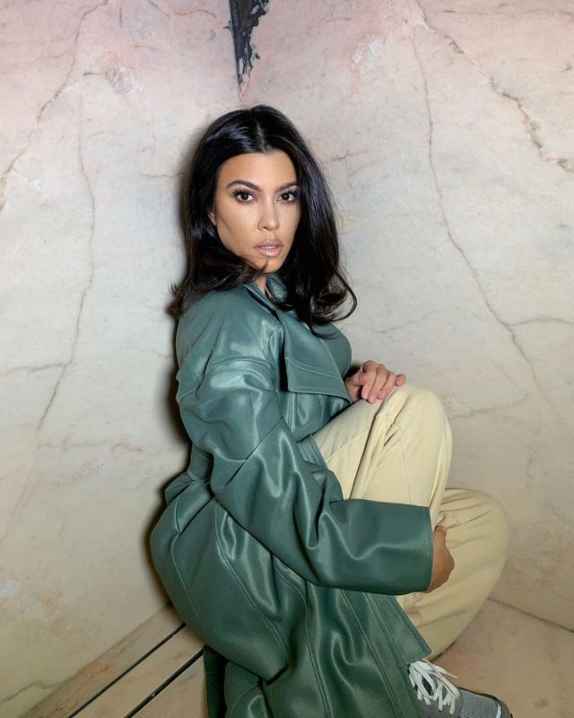 Bottega Veneta Green Leather Trench Coat worn by Kourtney Kardashian Instagram May 22, 2020