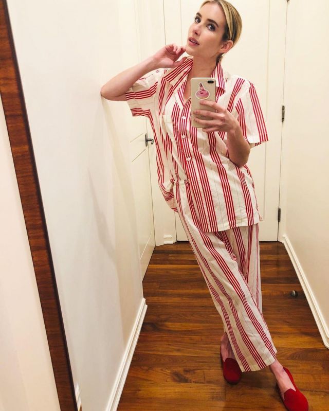 J.Crew Suede Smok­ing Slip­pers in red worn by Emma Roberts on Instagram May 23, 2020
