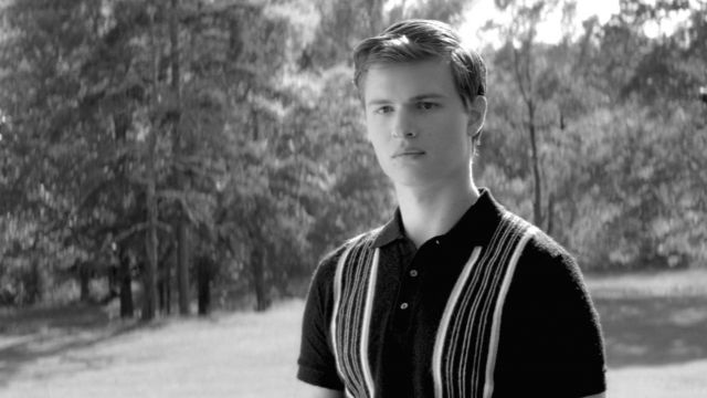 Baby's (Ansel Elgort) vertical striped polo shirt from the movie Baby Driver