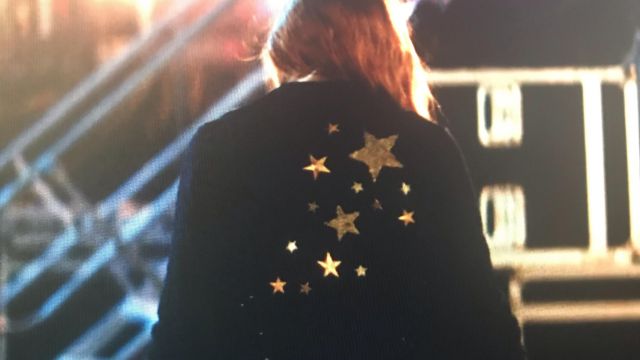 Black Moto Jacket Gold Stars worn by Adrienne Camp (Abigail Cowen) in I Still Believe
