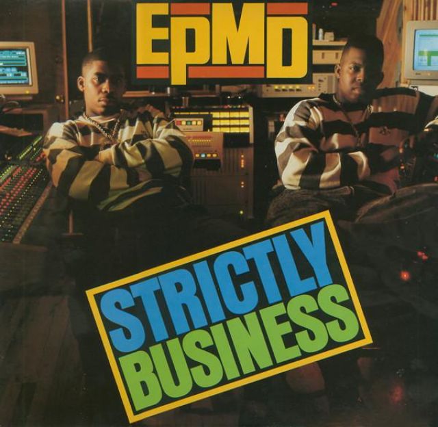 The sweatshirt with black stripes of the members of EPMD on the cover of their album Strictly Business
