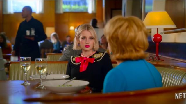 Black Sweater with Bow and Pearls worn by Astrid Sloan (Lucy Boynton) in The Politician (Season 2)