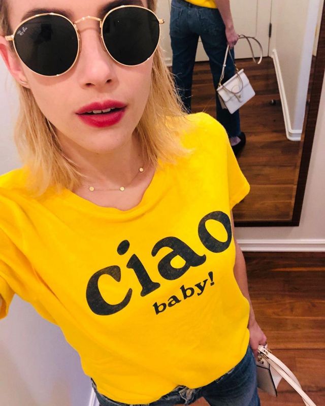 'Ciao baby!' yellow tee worn by Emma Roberts on her Instagram account @emmaroberts