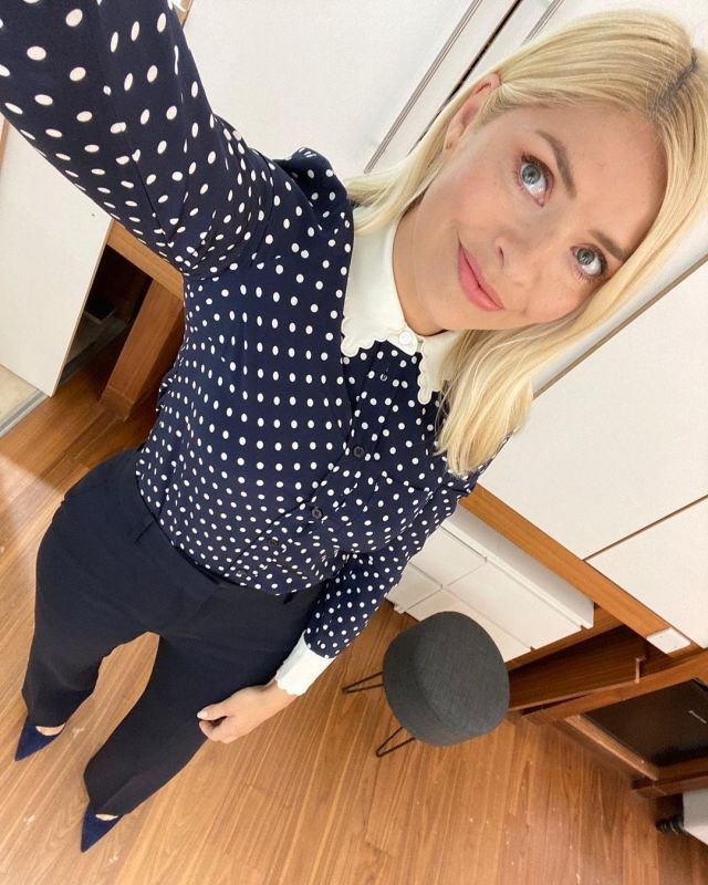 Tory Burch silk polka-dot blouse worn by Holly Willoughby on her Instagram account @hollywilloughby