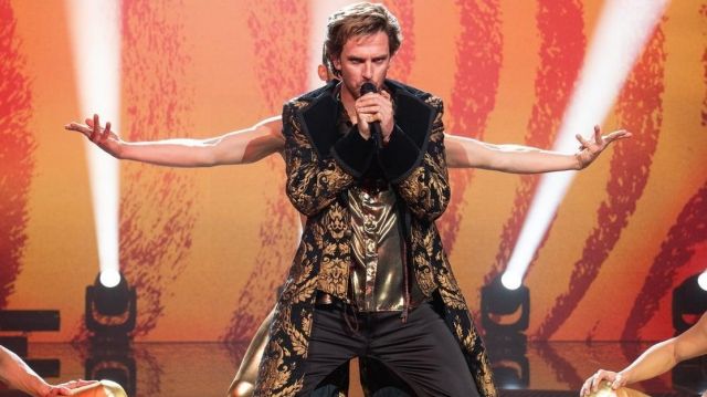 Gold tapestry jacket worn by Alexander Lemtov (Dan Stevens) in Eurovision Song Contest: The Story of Fire Saga