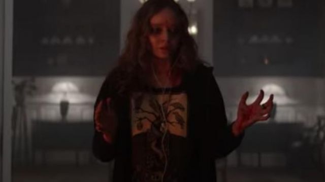 Sweatshirt black printed white birds and tree worn by Lavinia Gardner (Madeleine Arthur) in Color Out of Space