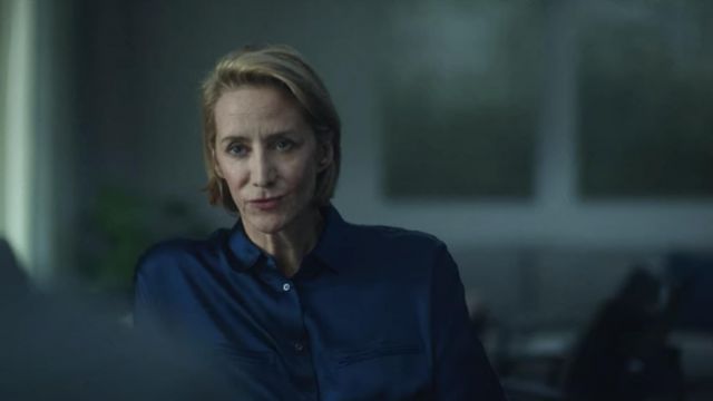Royal blue button front blouse worn by Helen Pierce (Janet McTeer) as seen in Ozark (Season 3 Episode 1)
