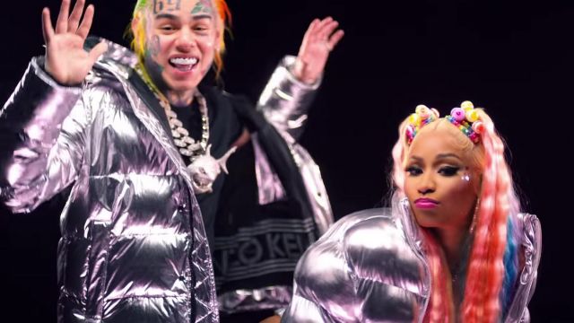 Kenzo Hooded metallic shell-down jacket worn by 6ix9ine in TROLLZ music video with Nicki Minaj