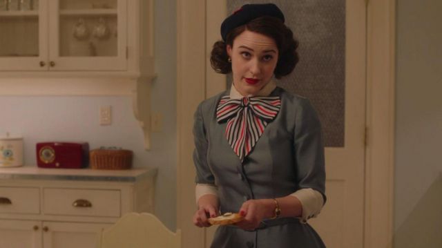 Gray Dress with Striped Bow worn by Miriam 'Midge' Maisel (Rachel Brosnahan) in The Marvelous Mrs. Maisel (Season 1)