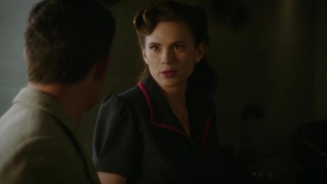 Blue Dress with Red Collar worn by Peggy Carter (Hayley Atwell) in Marvel's Agent Carter (S02E06)