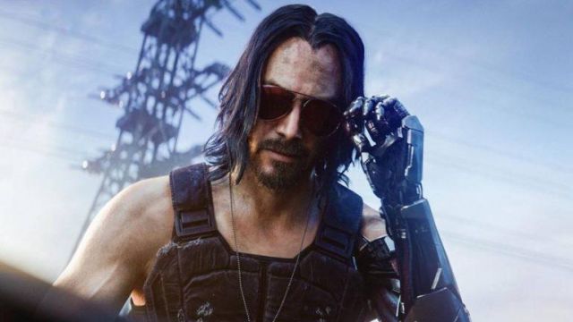 The holding of Johnny Silverhand worn by Keanu Reeves in Cyberpunk 2077
