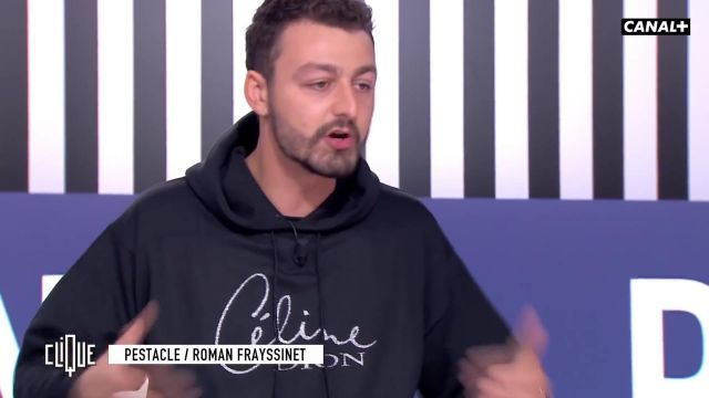 Le sweatshirt Céline Dion à strass de Roman Frayssinet dans l'émission Clique