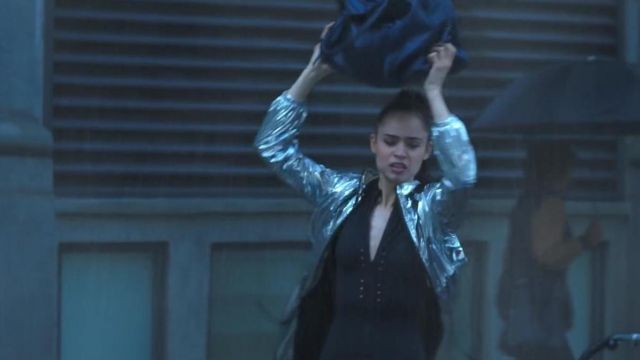 Silver Metallic Coat worn by April (Sofia Carson) in Feel the Beat