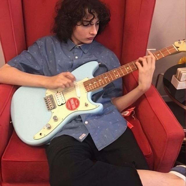 Fender Blue Electric Guitar used by Finn Wolfhard on the Instagram account @flinnstermagee