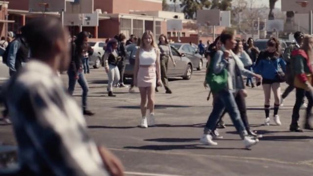 White Adidas crop top with pink side stripes worn by Cassie Howard (Sydney Sweeney) in Euphoria (S01E02)