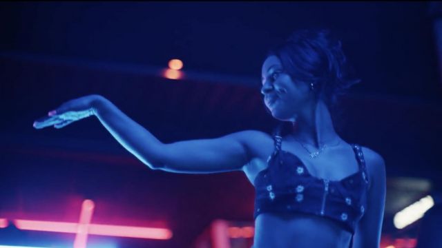 Black leather daisy embroidered zip front crop top worn by Maddy Perez (Alexa Demie) in Euphoria (S01E02)