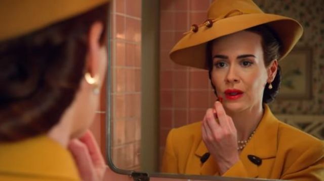 Mustard Yellow Wide hat worn by Nurse Mildred Ratched (Sarah Paulson) in Ratched TV show wardrobe (Season 1 Episode 1)
