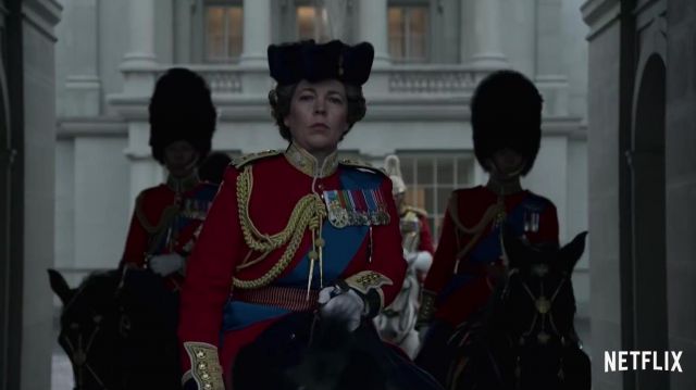 Black fur hat worn by Queen Elizabeth II (Olivia Colman) in The Crown (S04)