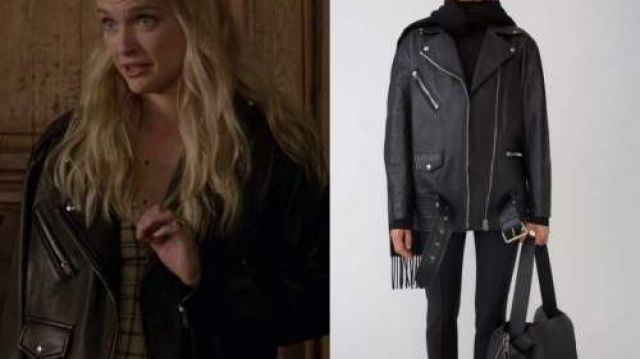 Oversize Black Leather Biker Jacket worn by Camille (Camille Razat