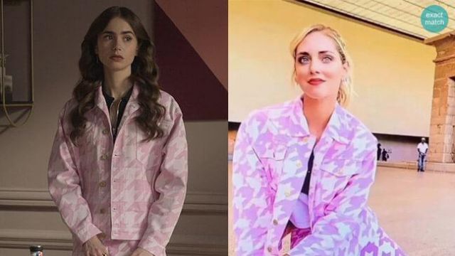 Chiara Ferragni Pink Houndstooth Denim Jacket worn by Emily Cooper (Lily Collins) in Emily in Paris TV show wardrobe (Season 1 Episode 10)